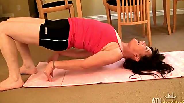 Granny works out and strips on her yoga mat