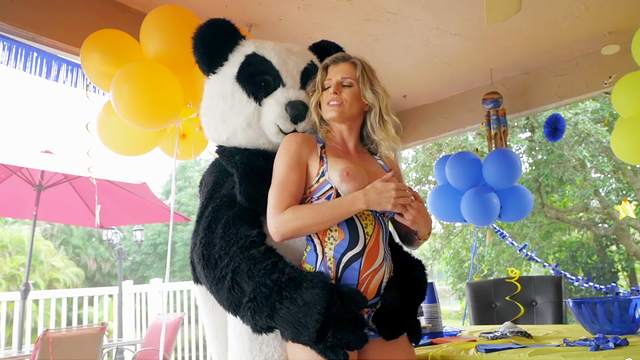 Energized mom sure loves fucking with the young dude in Panda costume